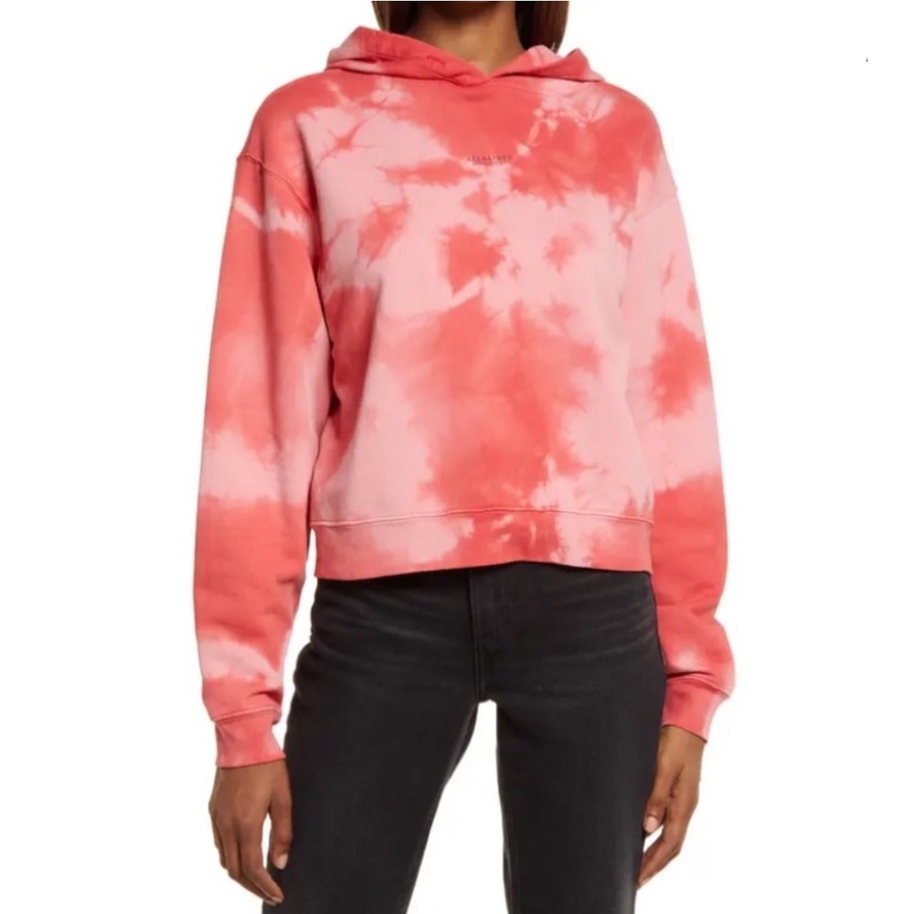 Allsaints Cropped Pink Ti-Dye Cotton Pullover Hoodie Women's Us Size 4 Or Small